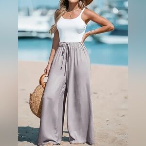Women’s Taupe Wide-Leg Drawstring Pants – Lightweight Beach & Travel
